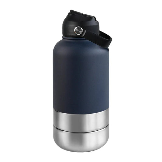 RVS Hondenwaterfles 1000ml met Afneembare Voer - en Waterkom - Dubbelwandig en BPA - vrij - Hebbr