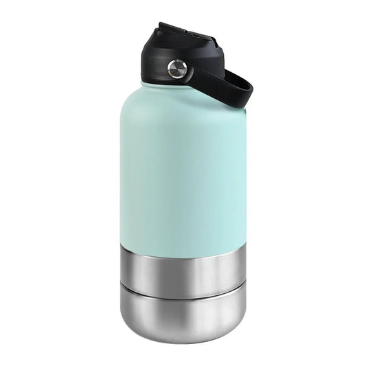 RVS Hondenwaterfles 1000ml met Afneembare Voer - en Waterkom - Dubbelwandig en BPA - vrij - Hebbr