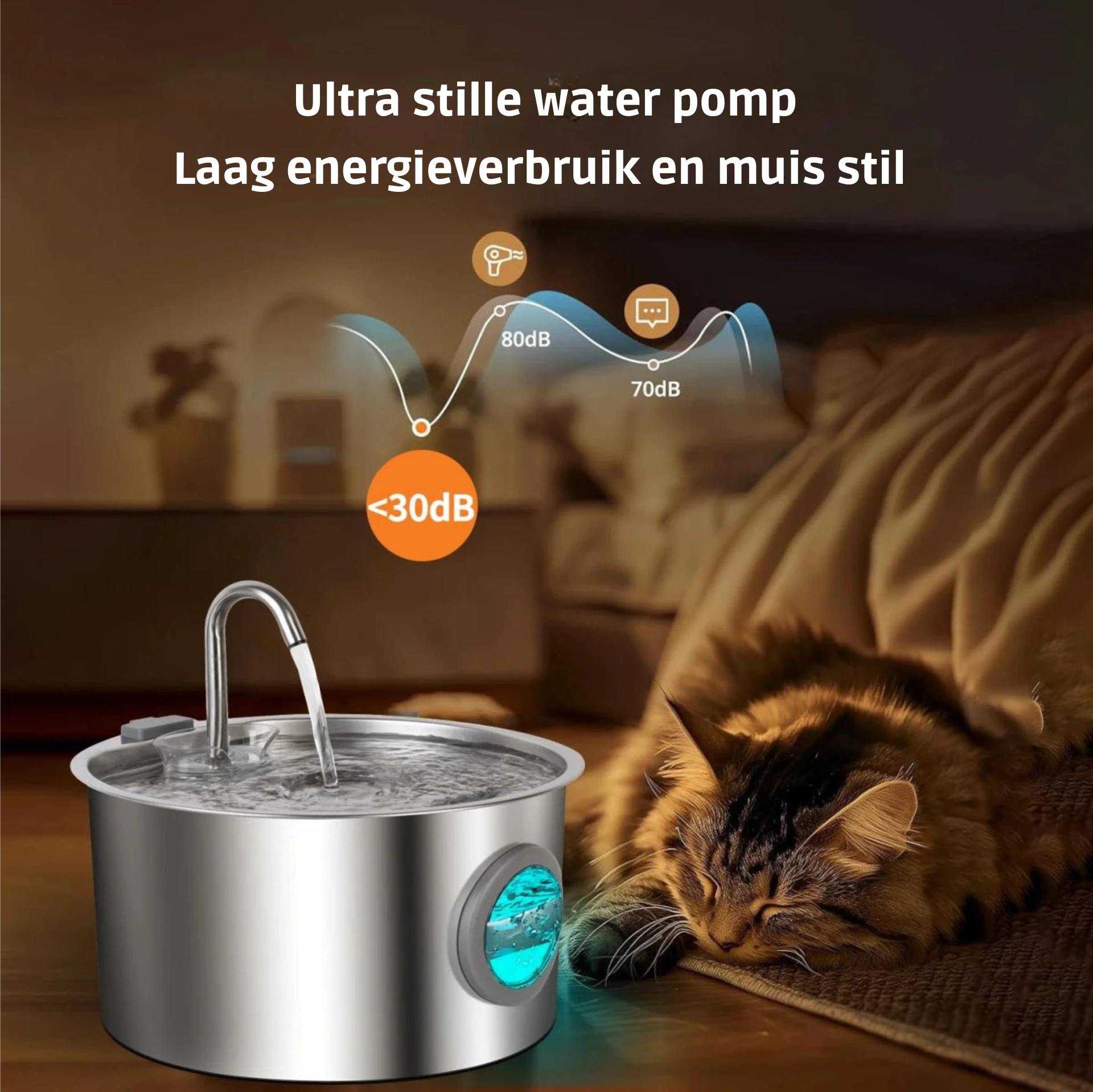 RVS Kattenfontein 3.2L met Ingebouwd Filtersysteem en Ultra Stille Waterpomp voor Huisdieren - Hebbr