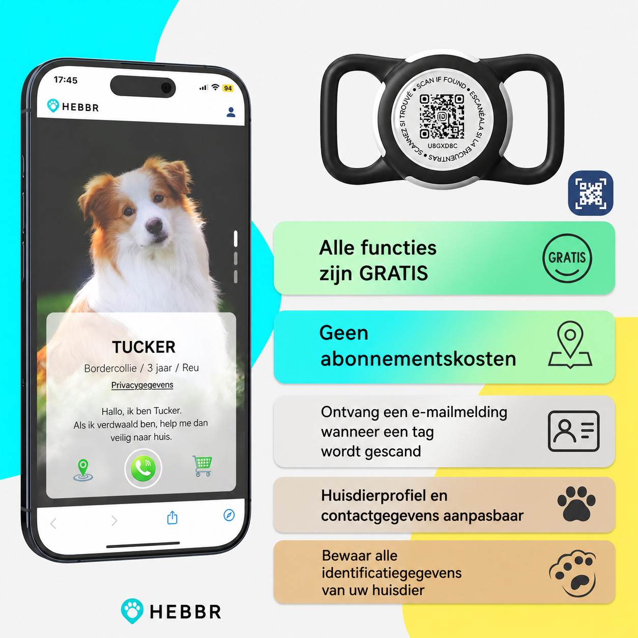 Nederlandse uitleg van de gratis QR-tagfuncties van de Wavi hondenhalsband - Hebbr