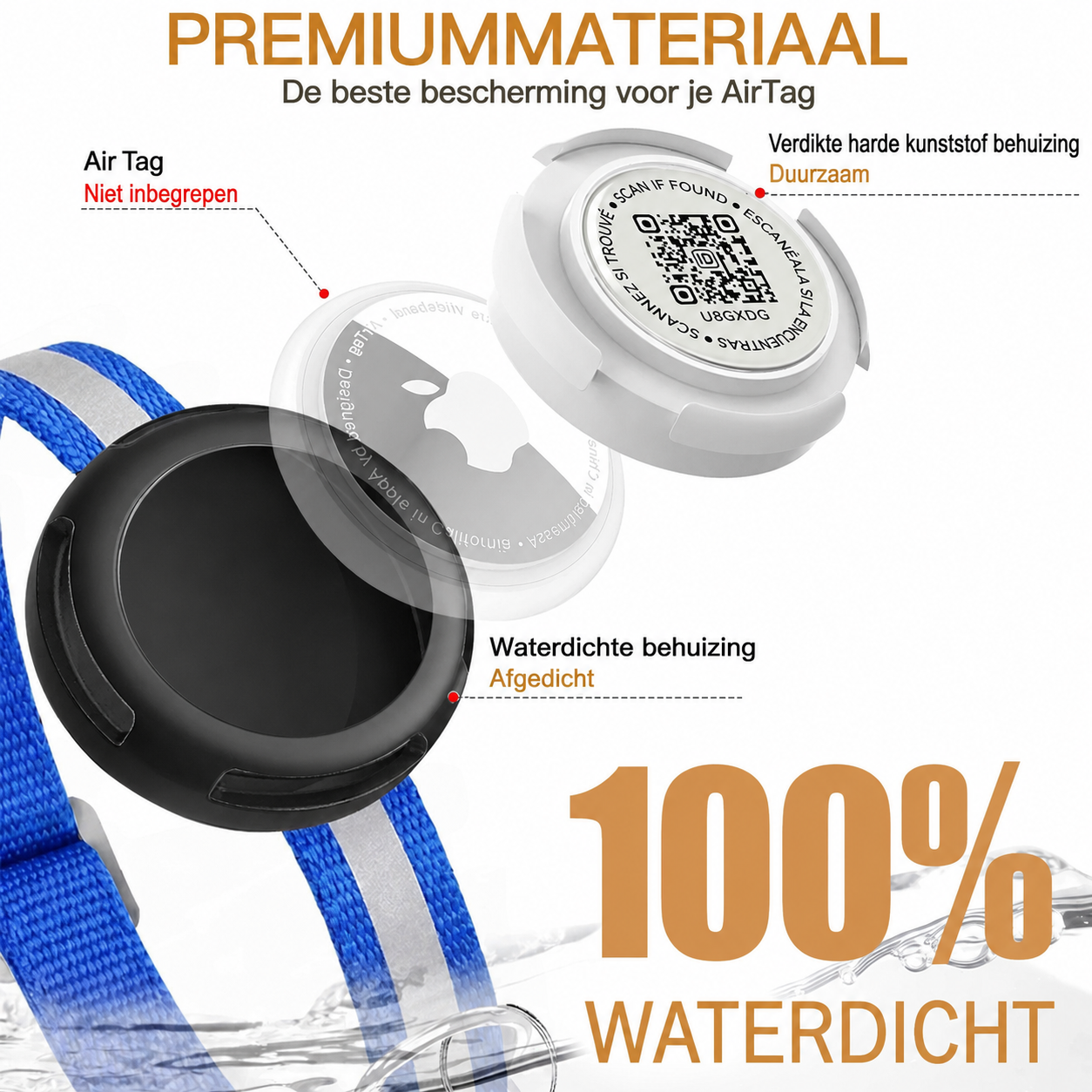 Nederlandse materiaaluitleg van de Aero kattenhalsband met AirTag-houder - Hebbr