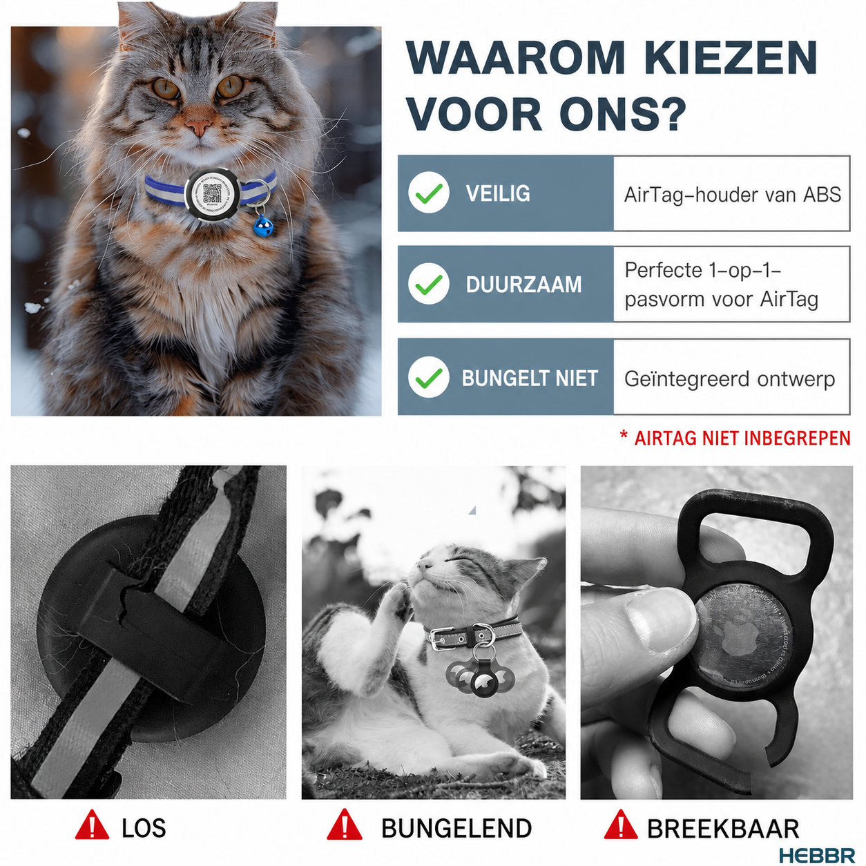 Nederlandse voordelen van de Aero kattenhalsband met AirTag-houder - Hebbr