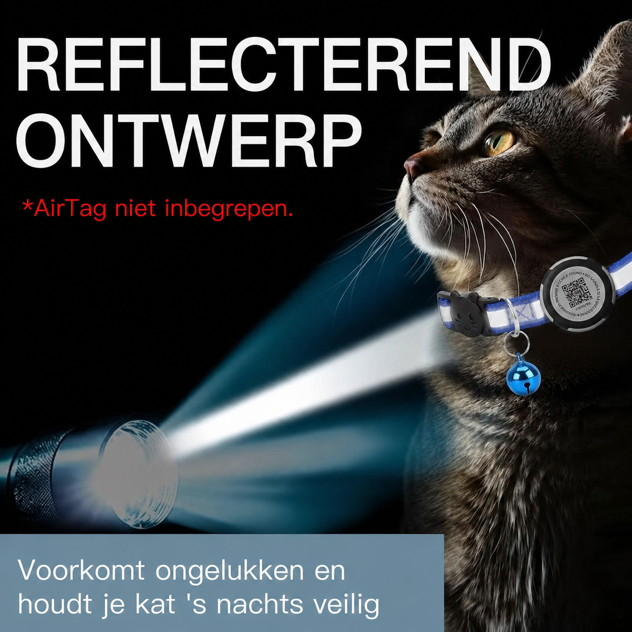 Nederlandse uitleg over het reflecterende ontwerp van de Aero kattenhalsband - Hebbr