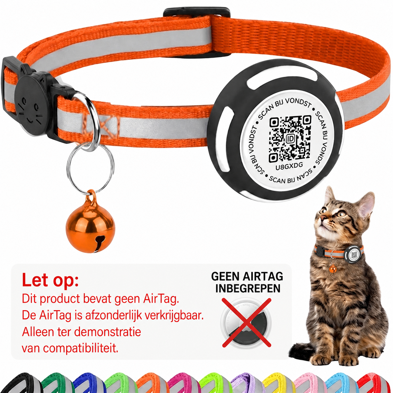 Nederlandse AirTag-waarschuwing voor oranje Aero QR-kattenhalsband - Hebbr