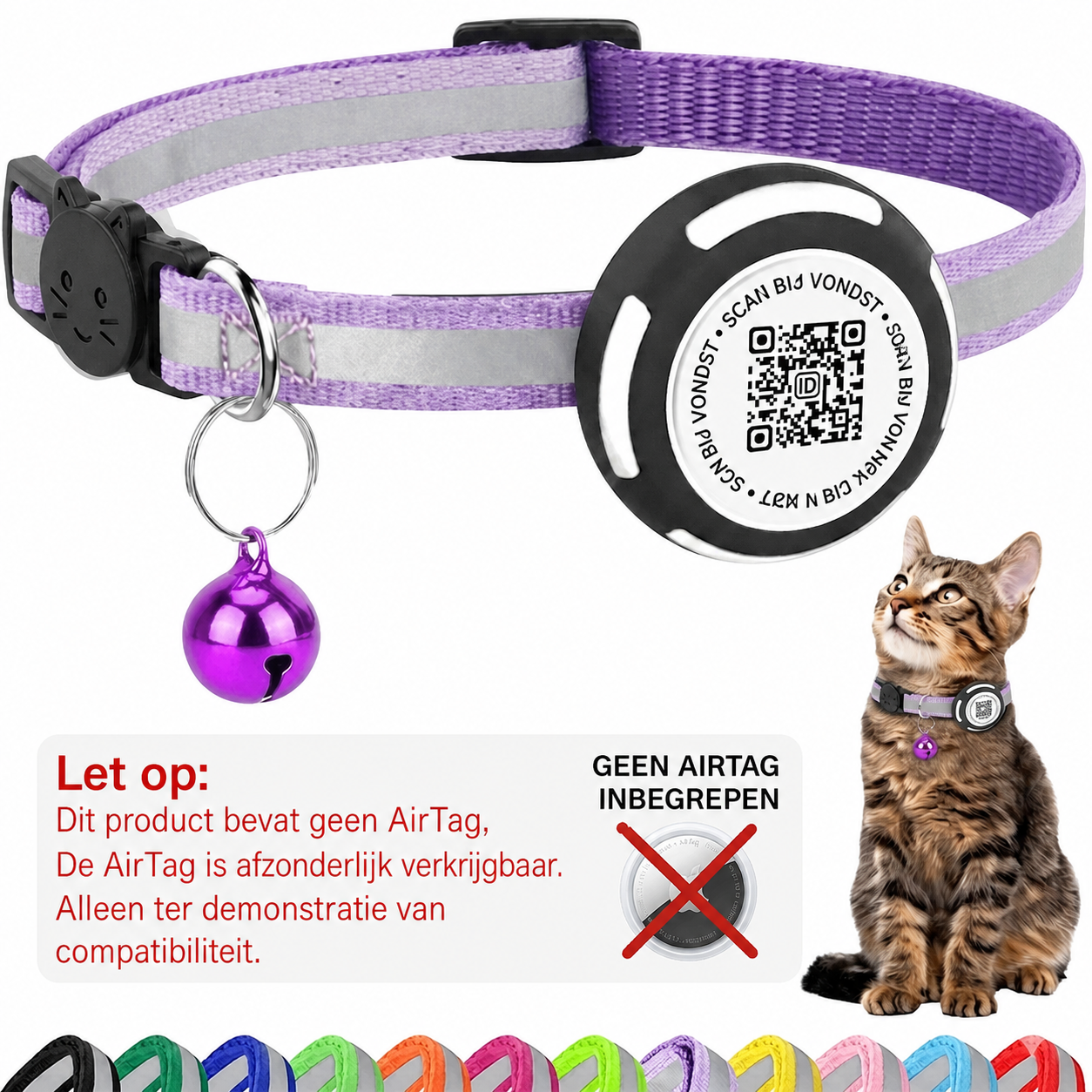 Nederlandse AirTag-waarschuwing voor paarse Aero QR-kattenhalsband - Hebbr