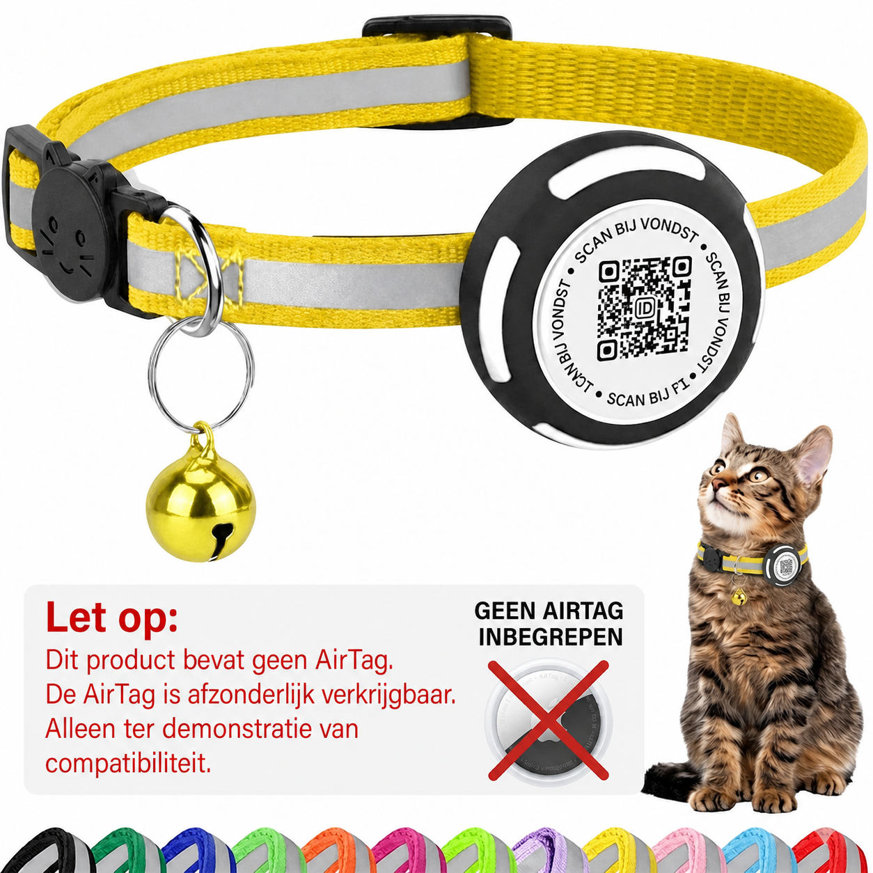 Nederlandse AirTag-waarschuwing voor gele Aero QR-kattenhalsband - Hebbr
