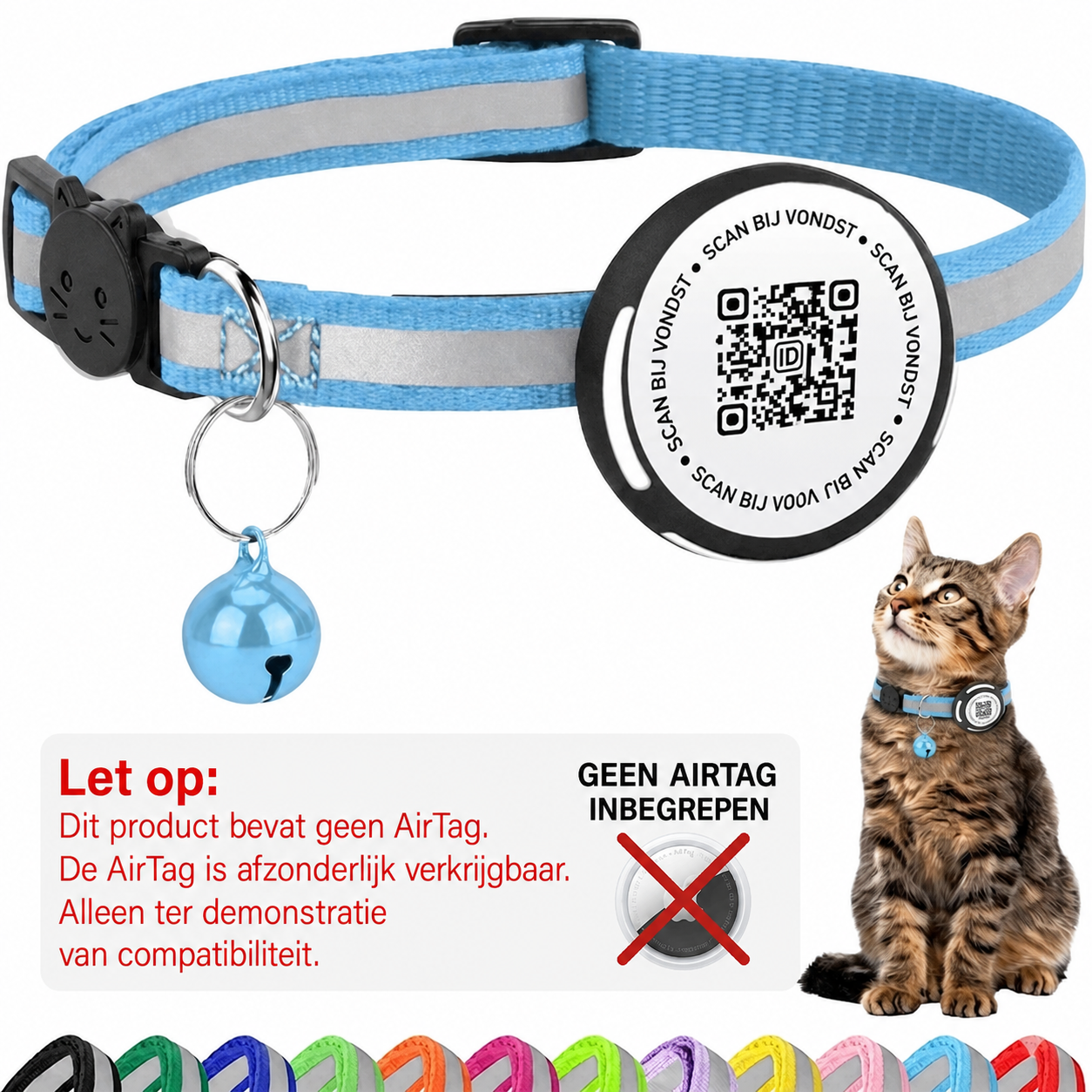 Nederlandse AirTag-waarschuwing voor lichtblauwe Aero QR-kattenhalsband - Hebbr