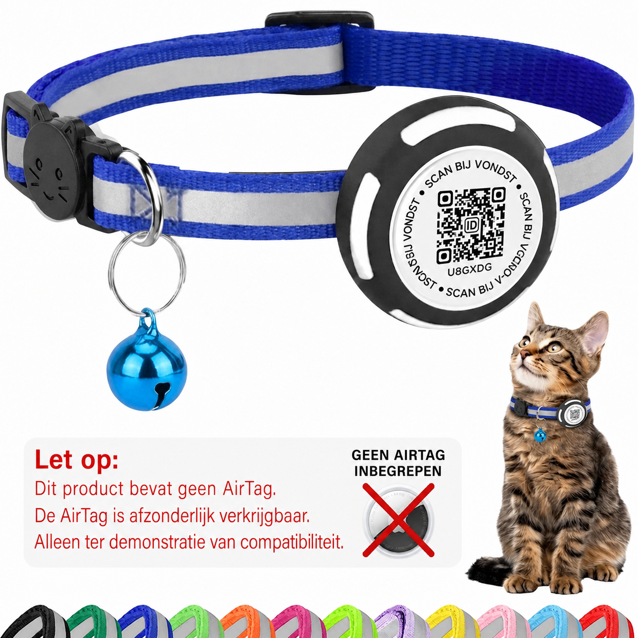 Nederlandse AirTag-waarschuwing voor blauwe Aero QR-kattenhalsband - Hebbr
