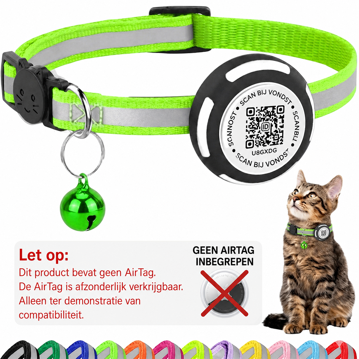 Nederlandse AirTag-waarschuwing voor limoengroene Aero QR-kattenhalsband - Hebbr