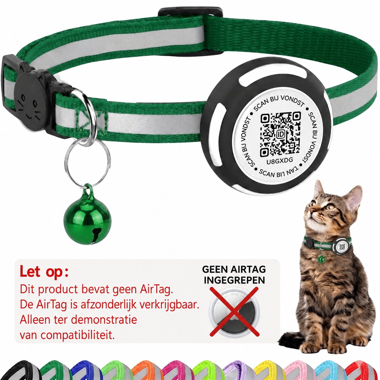 Nederlandse AirTag-waarschuwing voor donkergroene Aero QR-kattenhalsband - Hebbr
