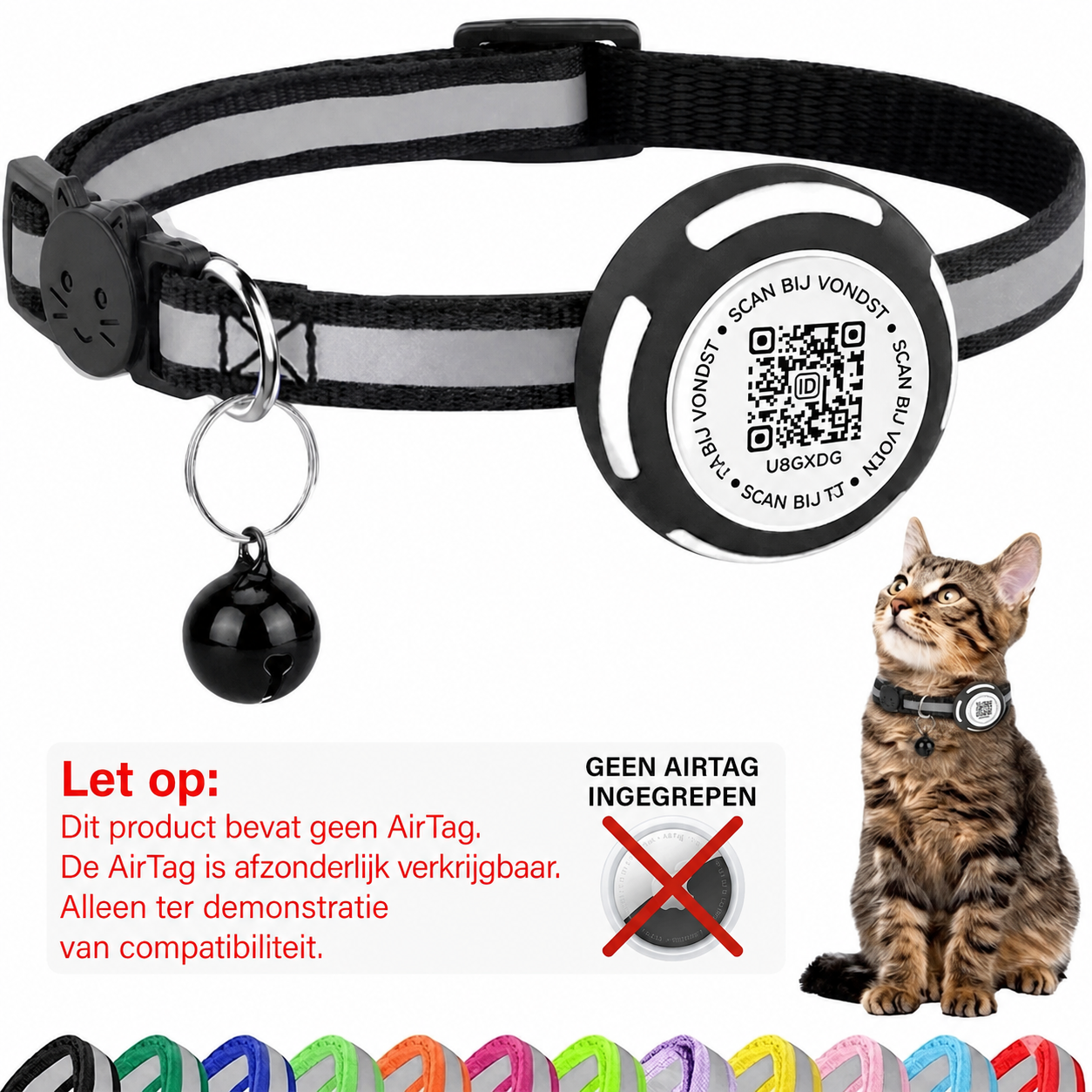 Nederlandse AirTag-waarschuwing voor zwarte Aero QR-kattenhalsband - Hebbr