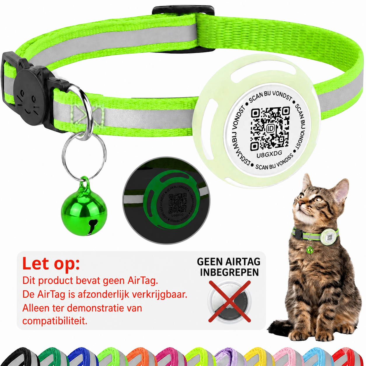 Nederlandse AirTag-waarschuwing voor lichtgevende groene Aero QR-kattenhalsband - Hebbr