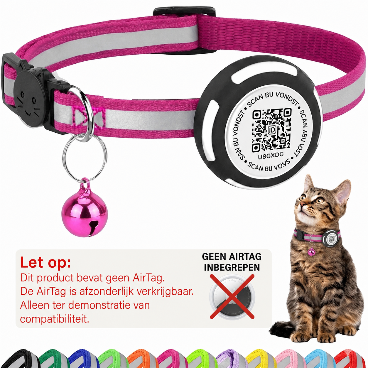 Nederlandse AirTag-waarschuwing voor roze Aero QR-kattenhalsband - Hebbr