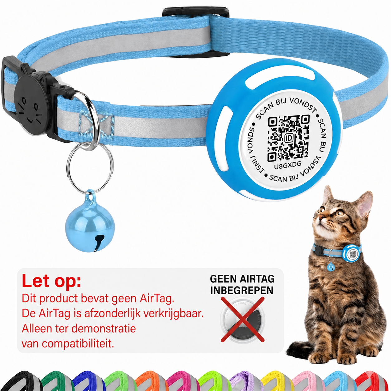 Nederlandse AirTag-waarschuwing voor lichtblauwe Aero QR-kattenhalsband met blauwe houder - Hebbr