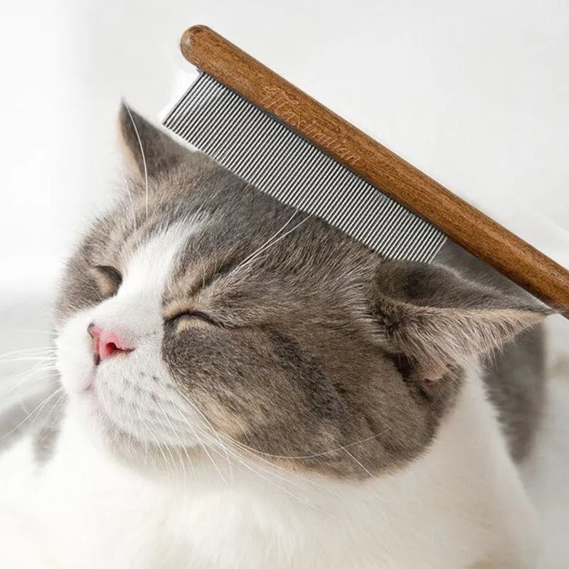 Vachtverzorgingskam voor katten - Roestvrij staal en houten handvat, ideaal tegen haarballen - Hebbr