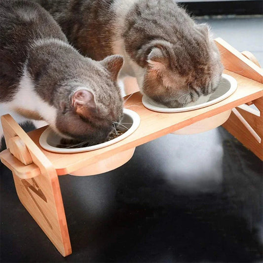 Verstelbare Houten Voederstandaard voor Honden en Katten met RVS Voerbakken - 2 Stuks - Hebbr
