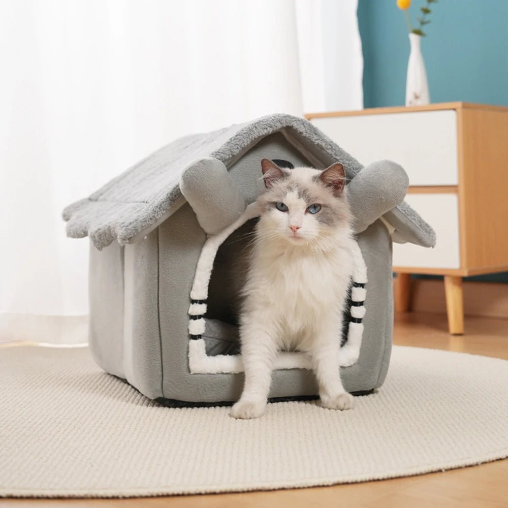 Verwijderbaar Grijs Kattenhuisje Voor Binnen En Buiten - Opvouwbaar, Wasbaar, Vierseizoenen Design - Hebbr