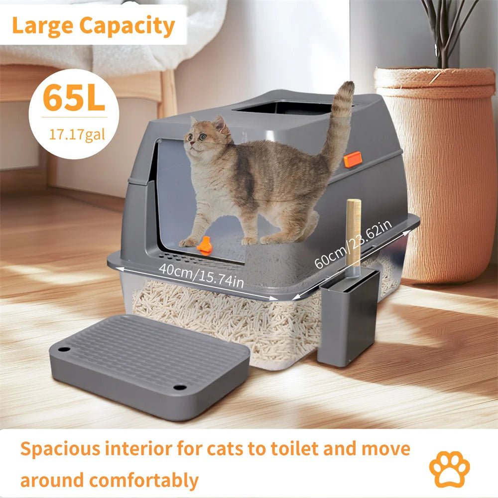 XXL RVS Kattenbak met Deksel - Grote Afsluitbare Litter Tray voor Katten tot 10 kg - Hebbr