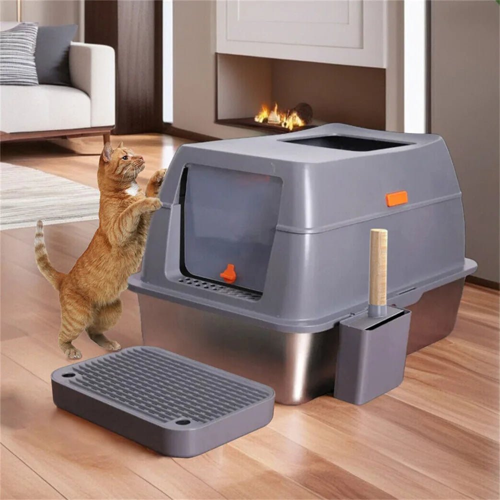 XXL RVS Kattenbak met Deksel - Grote Afsluitbare Litter Tray voor Katten tot 10 kg - Hebbr