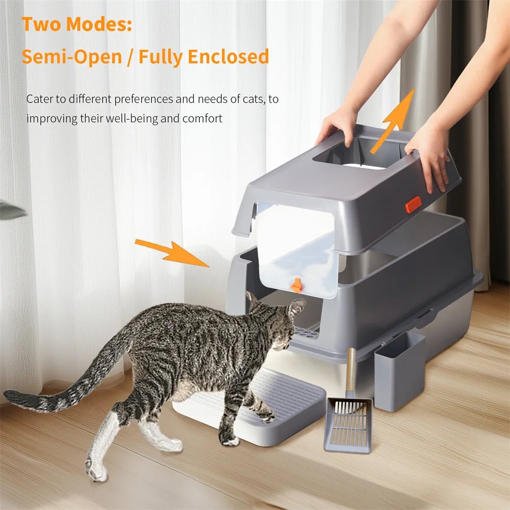 XXL RVS Kattenbak met Deksel - Grote Afsluitbare Litter Tray voor Katten tot 10 kg - Hebbr
