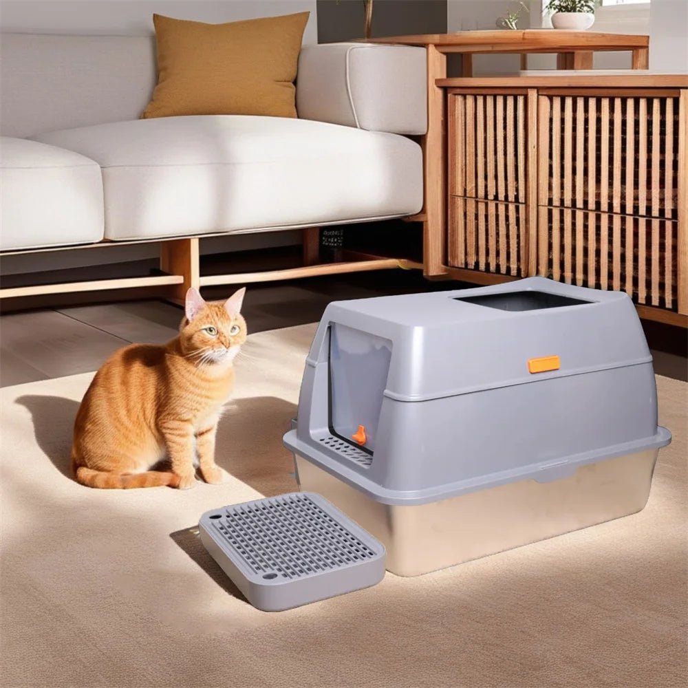 XXL RVS Kattenbak met Deksel - Grote Afsluitbare Litter Tray voor Katten tot 10 kg - Hebbr