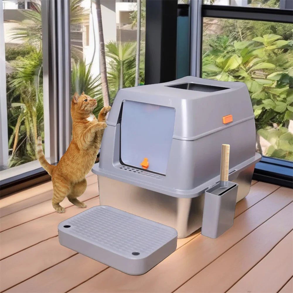 XXL RVS Kattenbak met Deksel - Grote Afsluitbare Litter Tray voor Katten tot 10 kg - Hebbr